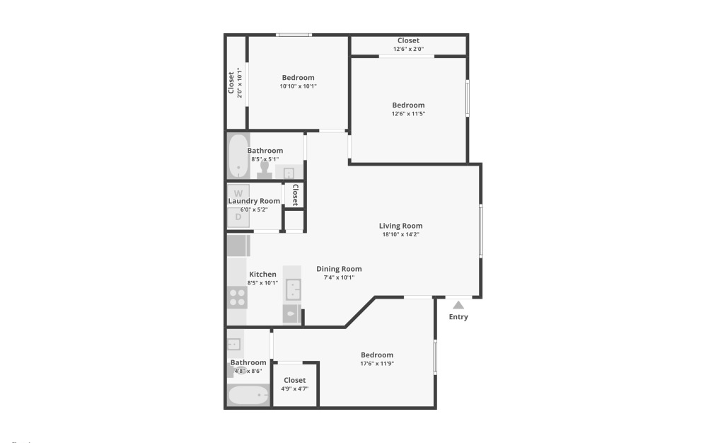 C1 - 3 bedroom floorplan layout with 2 bathrooms and 1103 square feet (2D)